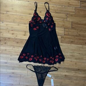 Adore Me Black Chemise with Red Lip Detail and panties the